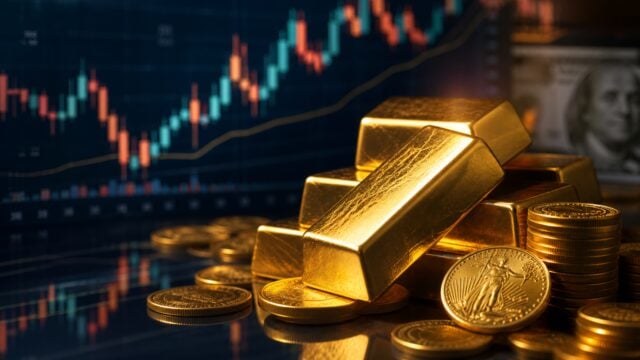 Gold price today illustration with gold bars coins US dollar and global market chart