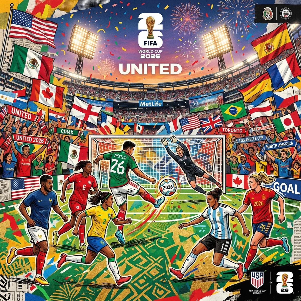 Vibrant mixed-media collage illustration celebrating the FIFA World Cup 2026