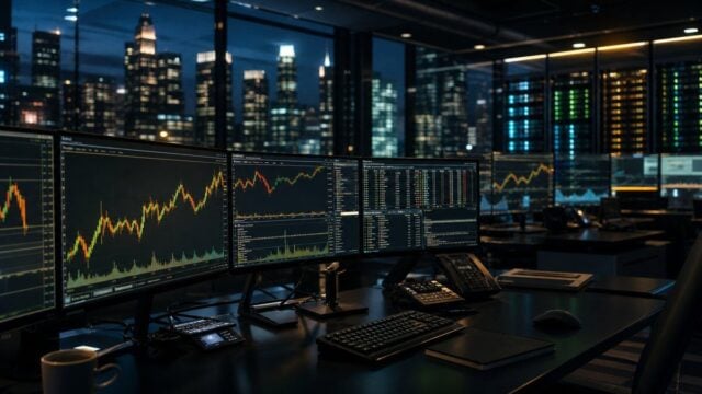 Global stock market trading screens with AI sector momentum and Wall Street charts