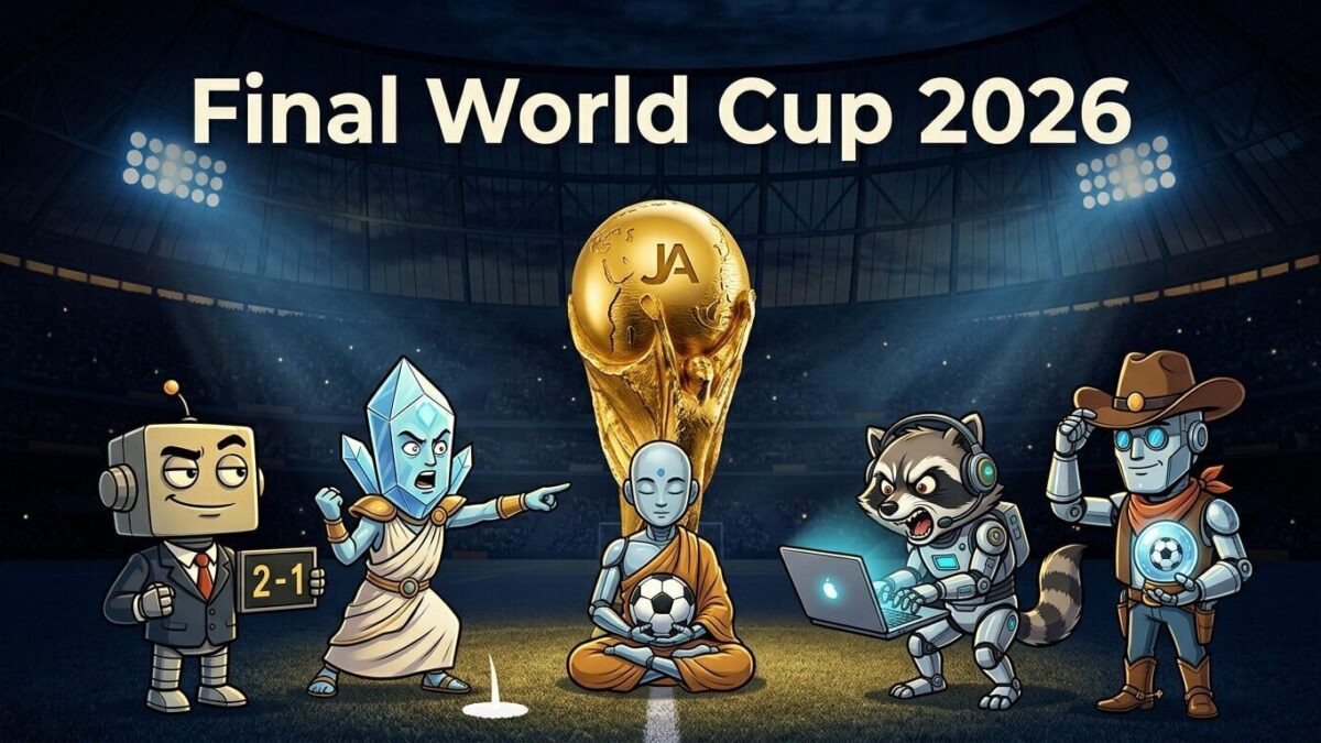 Five satirical AI mascots debate around a World Cup trophy under Final World Cup 2026 text