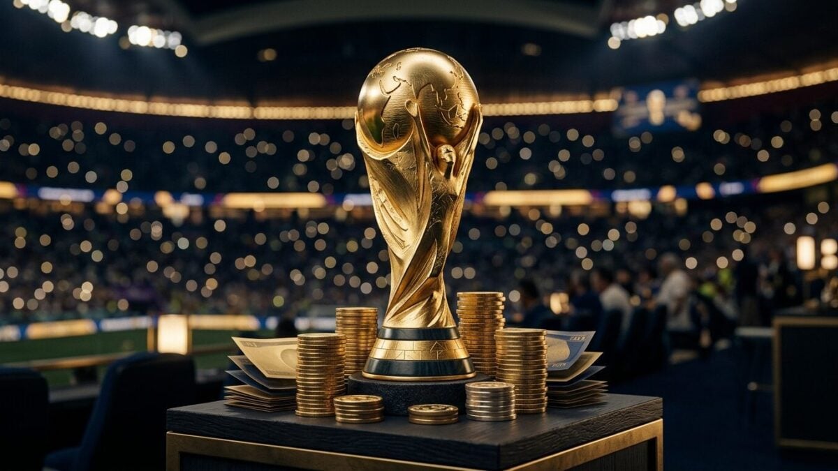 Editorial illustration of a cup silhouette and coin stacks for World Cup prize money