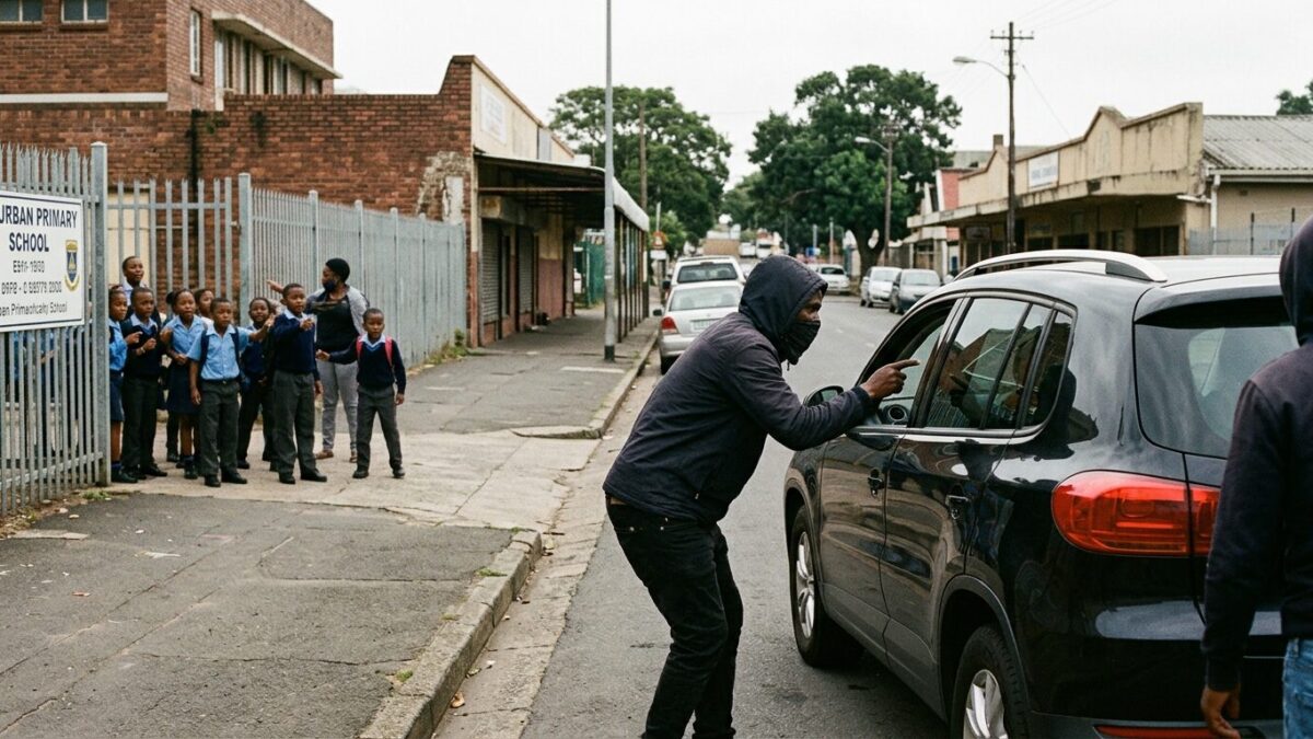 CCTV Captures Armed Carjacking Outside Durban Primary School as Children Watch in Shock