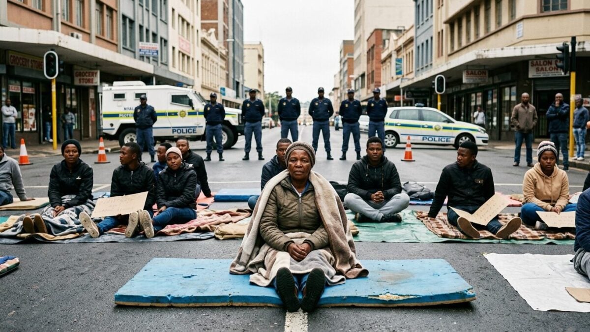 Durban anti-migrant protesters bring sleeping mats to road blockade