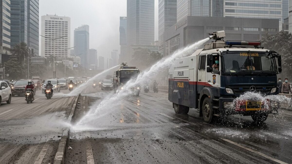 Jakarta Police Spray Roads to Combat Anak Krakatau Volcanic Ash