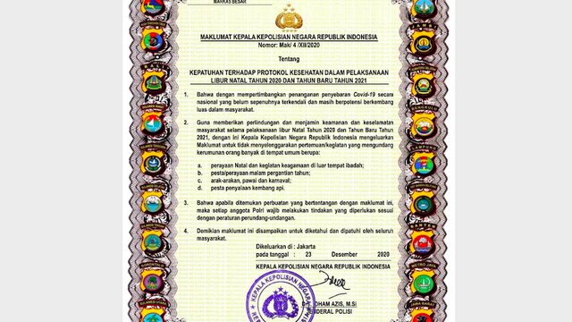 Kapolri Keluarkan Maklumat tentang Kepatuhan Protokol Kesehatan pada Libur Natal & Tahun Baru