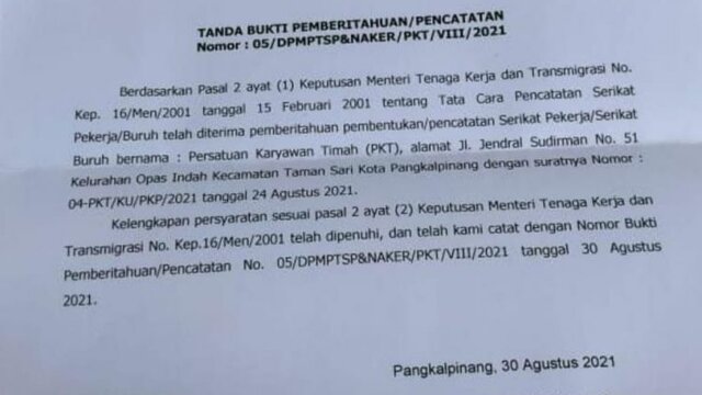 Organisasi PKT Resmi Terdaftar Jadi Serikat Pekerja PT Timah