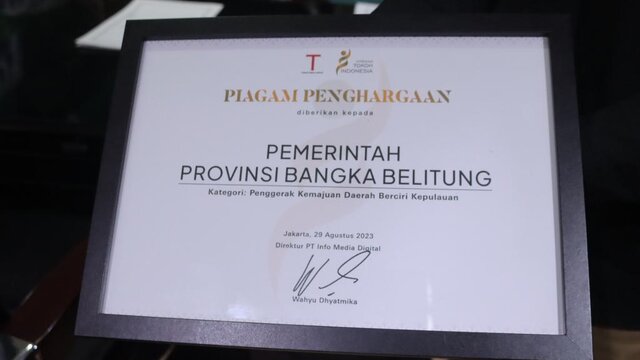 Pemprov Babel Raih Penghargaan Penggerak Kemajuan Daerah Berciri Kepulauan