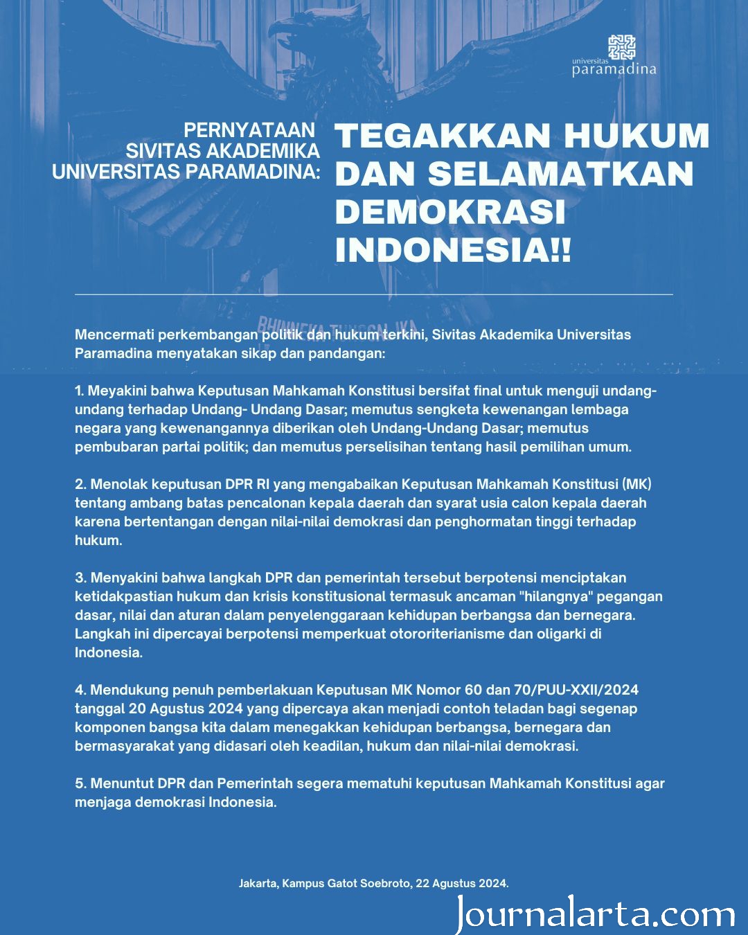 Pernyataan Sivitas Akademika Universitas Paramadina : Tegakkan Hukum Dan Selamatkan Demokrasi Indonesia!!