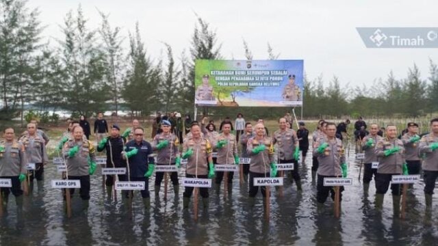 Cegah Abrasi, TINS dan Polda Babel Bersinergi Tanam Mangrove