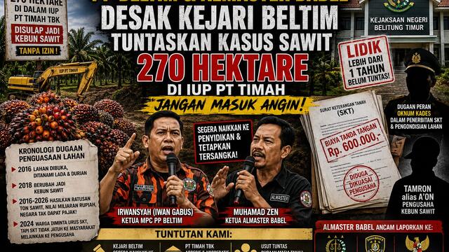 PP Beltim dan Almaster Babel Desak Kejari Tuntaskan Kasus Sawit 270 Hektare di IUP PT Timah, “Jangan Masuk Angin”