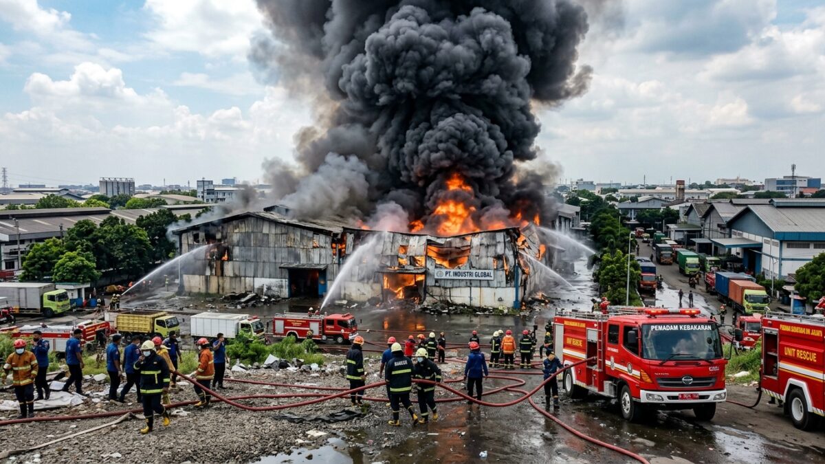 Asap hitam membubung dari kebakaran gudang limbah di Gandamekar Bekasi
