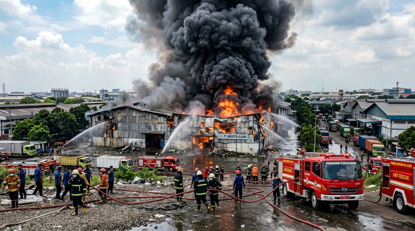 Asap hitam membubung dari kebakaran gudang limbah di Gandamekar Bekasi