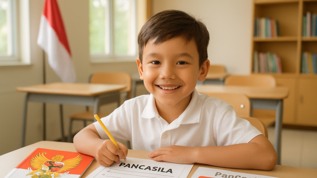 Siswa kelas 1 SD sedang mengerjakan soal latihan Pancasila semester 2 didampingi orang tua di rumah dengan buku dan alat tulis