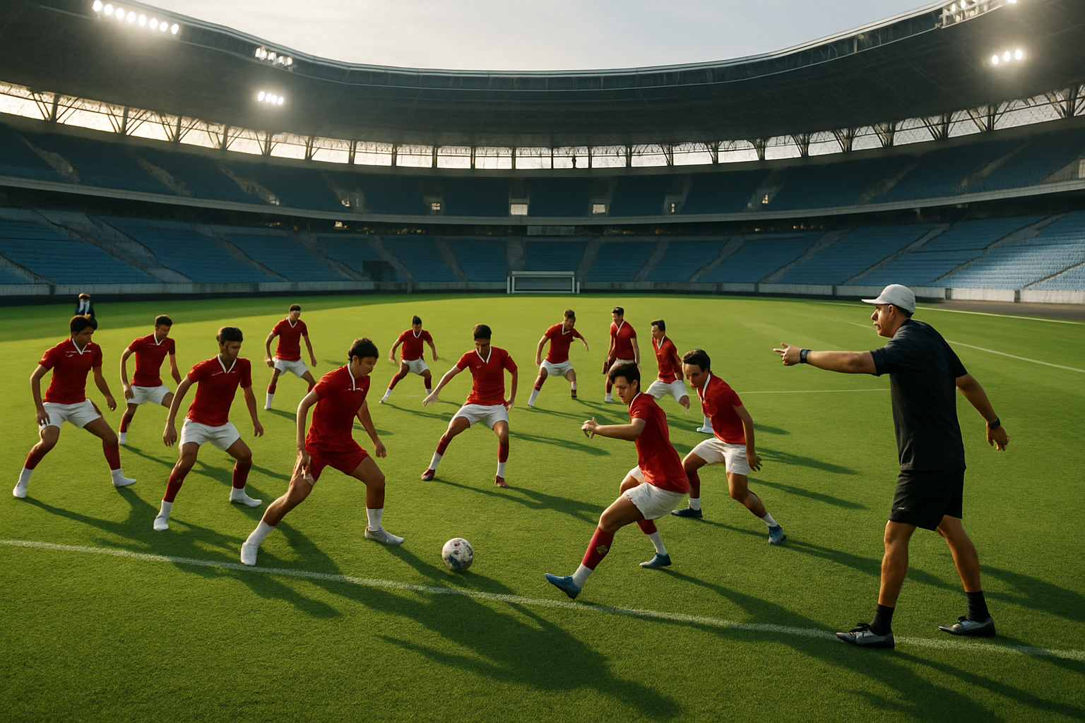 Pemain Timnas Indonesia termasuk Marselino Ferdinan saat sesi latihan perdana persiapan Piala AFF 2026 di lapangan