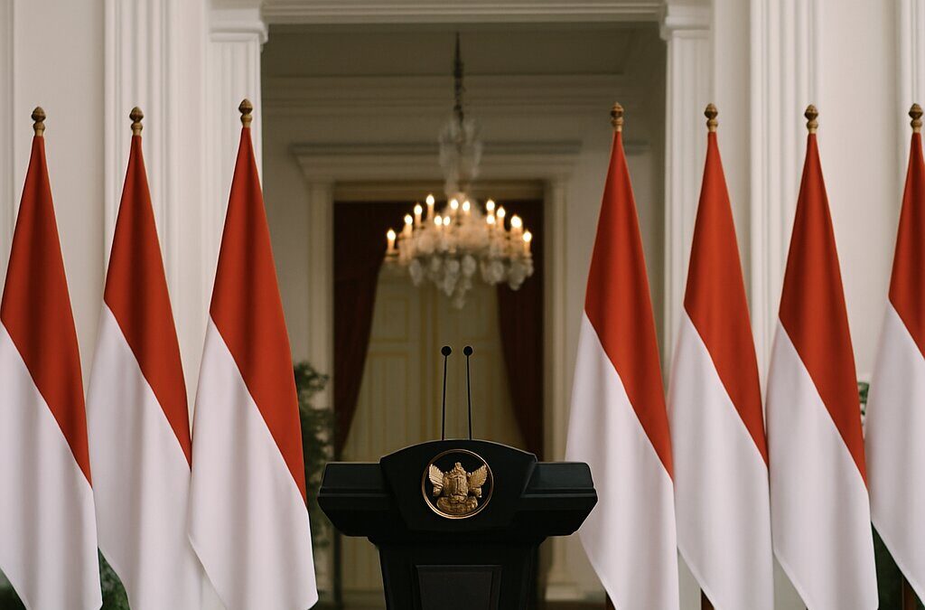 Suasana pertemuan politik formal dengan bendera Indonesia di latar belakang ruang pemerintahan