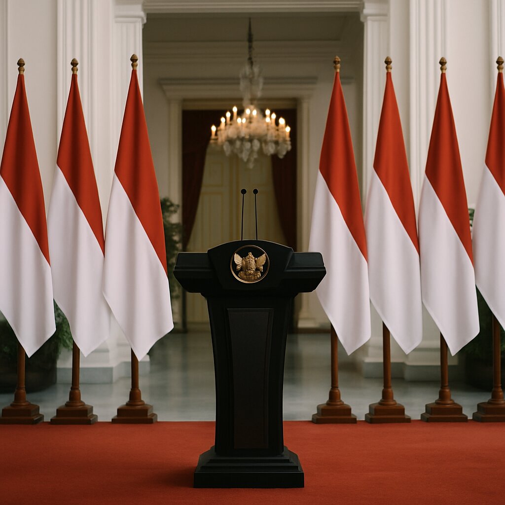 Suasana pertemuan politik formal dengan bendera Indonesia di latar belakang ruang pemerintahan