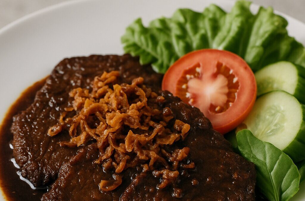 Hidangan gepuk daging sapi khas Sunda dengan bumbu kecap dan bawang goreng