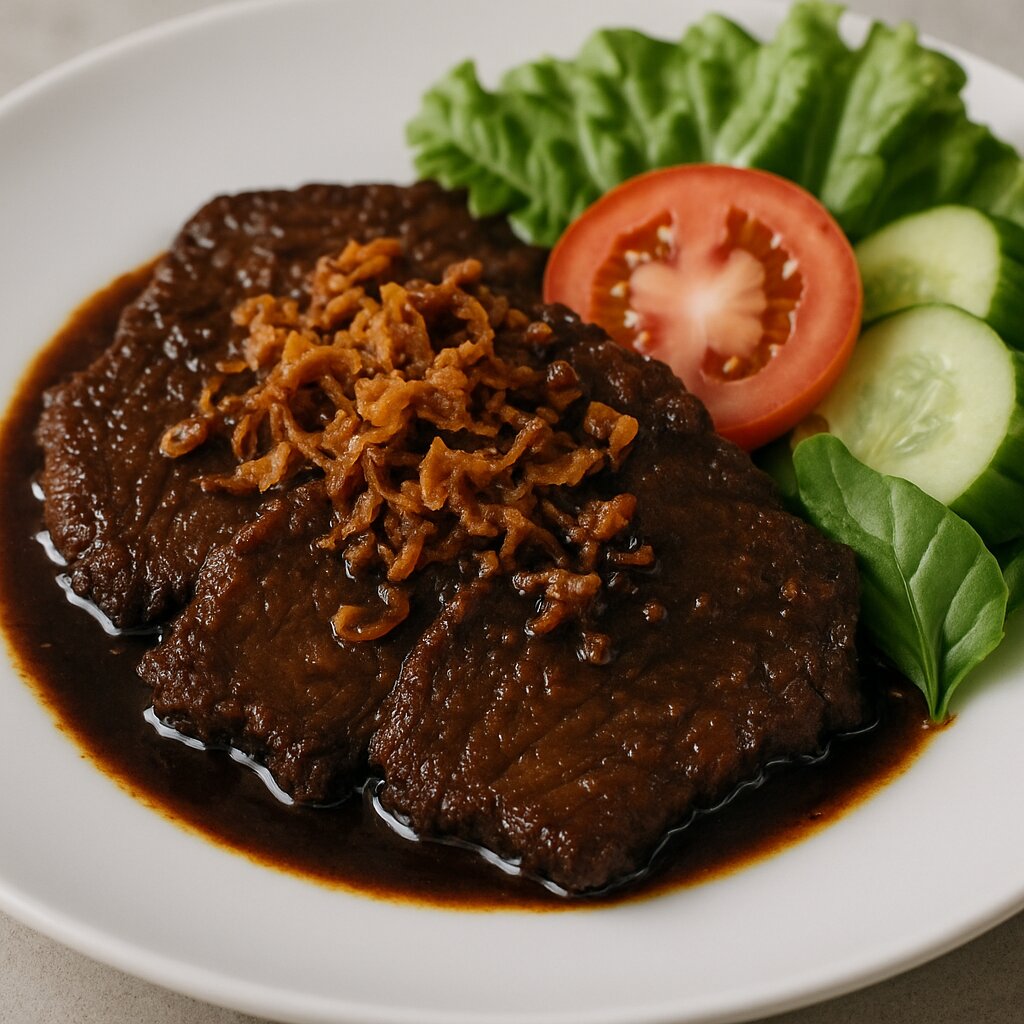 Hidangan gepuk daging sapi khas Sunda dengan bumbu kecap dan bawang goreng