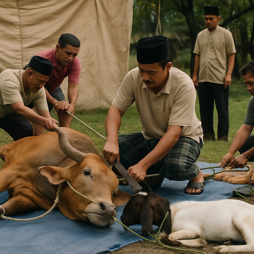 Kegiatan pemotongan hewan kurban sapi dan kambing Idul Adha oleh DPP KNPI
