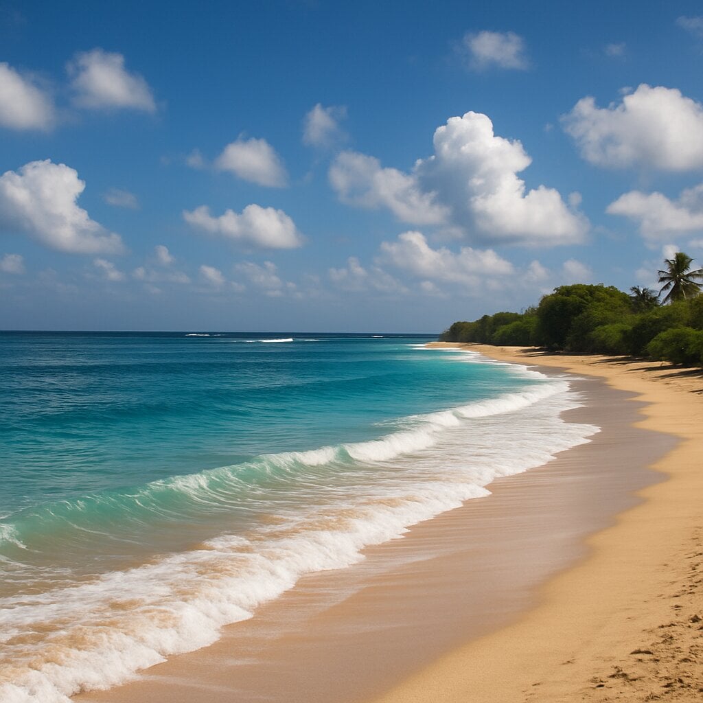 Pantai Nusa Dua Bali dengan langit cerah berawan dan kondisi gelombang laut
