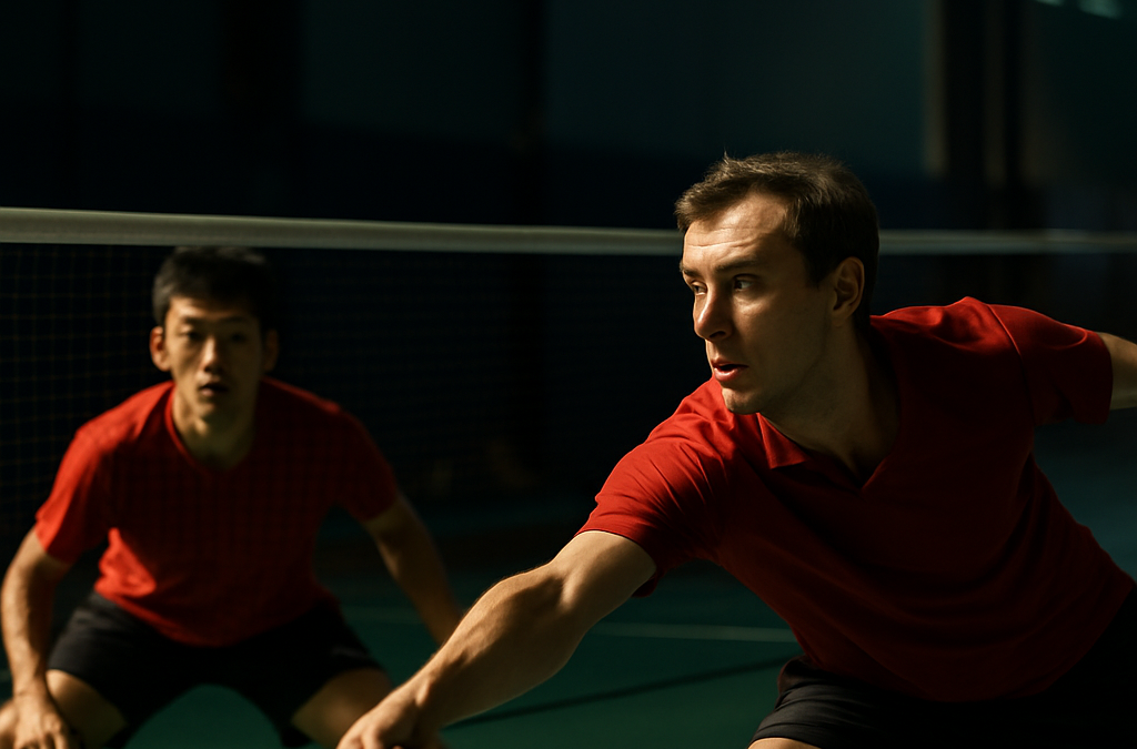 Pertandingan ganda putra bulutangkis di lapangan indoor turnamen internasional Singapore Open 2025