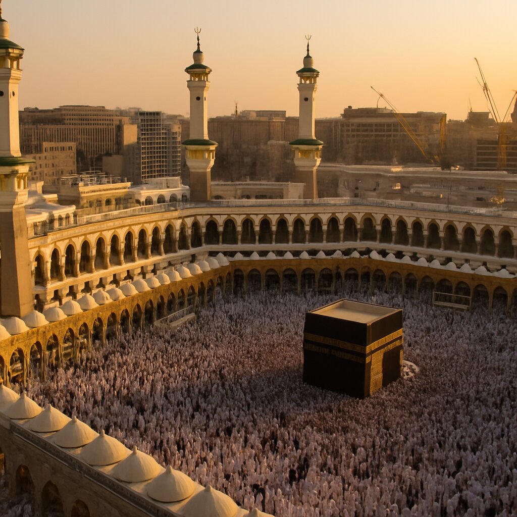 Pemandangan jamaah mengelilingi Ka'bah saat thawaf di Masjidil Haram Makkah