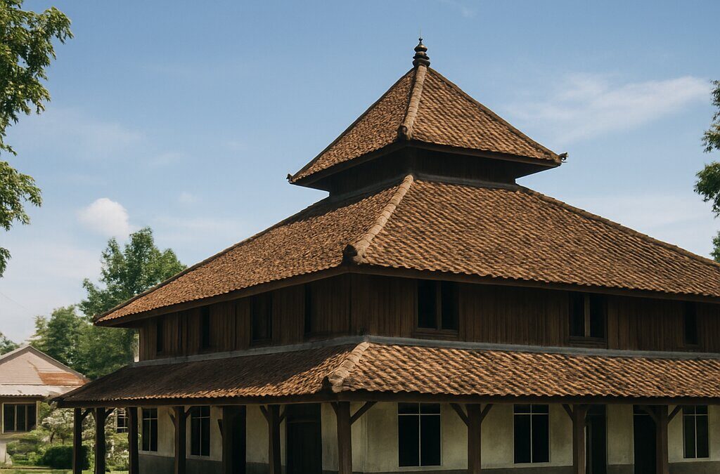 ilustrasi suasana luar gedung pondok pesantren dengan arsitektur tradisional Indonesia