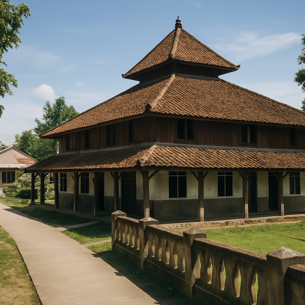 ilustrasi suasana luar gedung pondok pesantren dengan arsitektur tradisional Indonesia