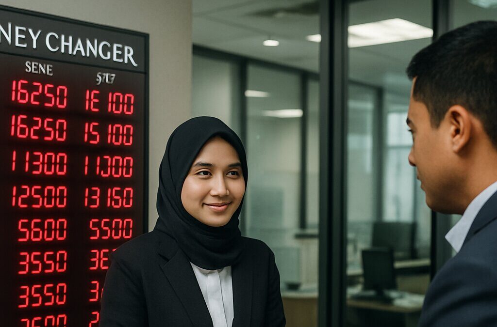 ilustrasi counter money changer dengan tampilan kurs mata uang asing di Jakarta
