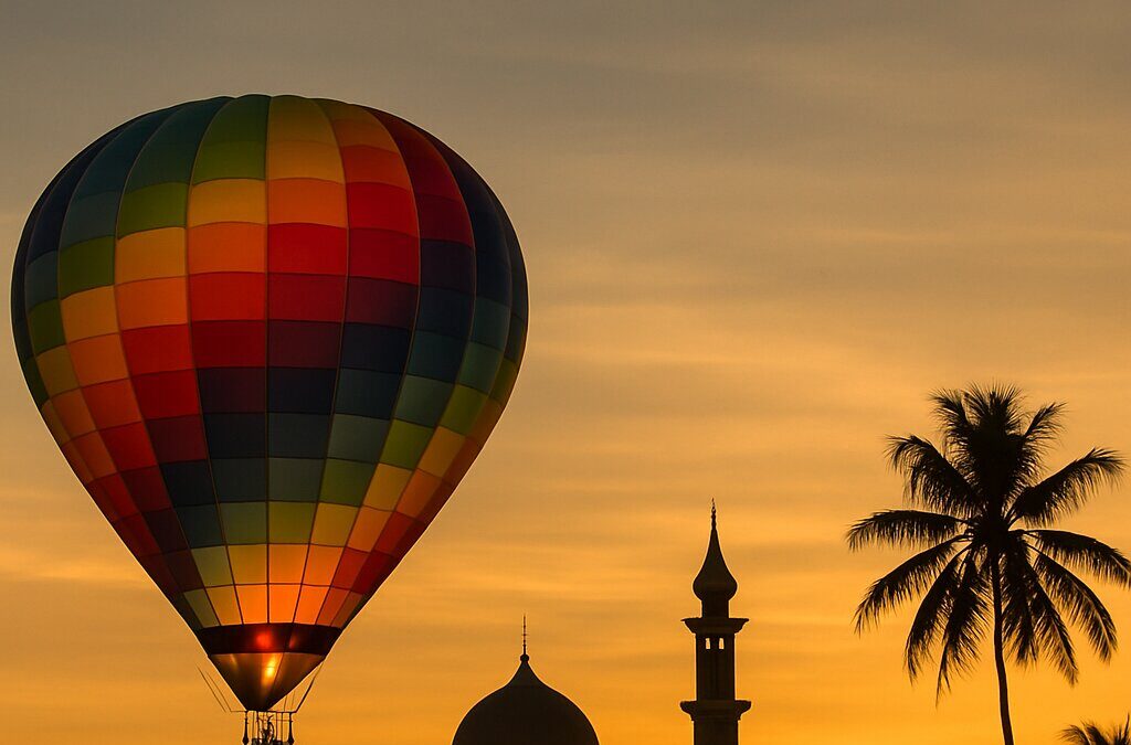 Ilustrasi balon udara terbang di langit dekat masjid saat perayaan keagamaan