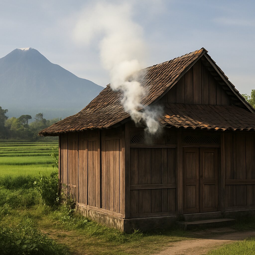Ilustrasi rumah tradisional dengan asap kebakaran di daerah pedesaan Yogyakarta
