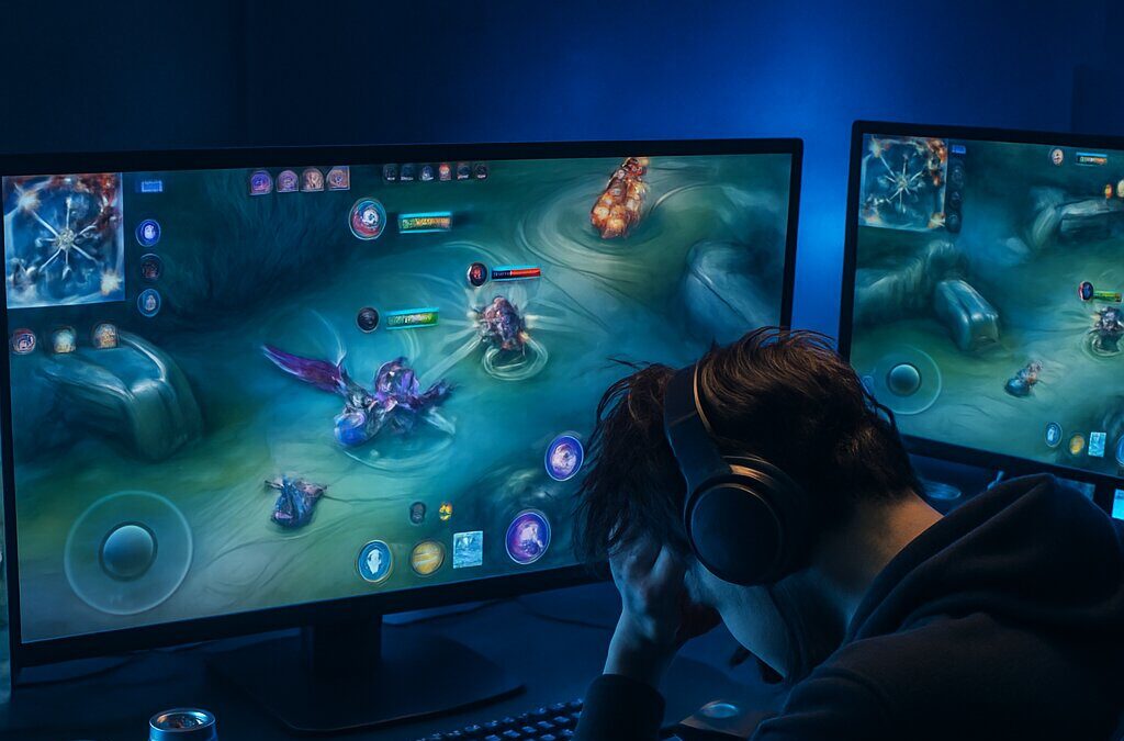 Suasana streaming marathon Mobile Legends dengan setup gaming profesional dan pencahayaan dramatis