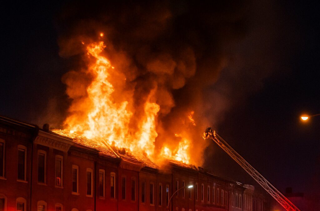 Kebakaran besar melanda deretan rumah susun di Baltimore dengan api menembus atap