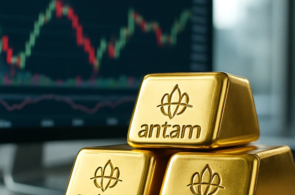 Batangan emas Antam dengan logo resmi di atas meja perdagangan investasi