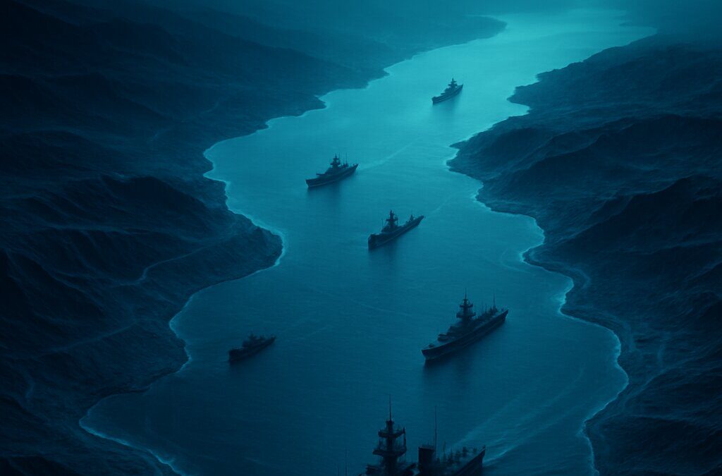 Ilustrasi Selat Hormuz dengan kapal militer patroli di jalur strategis energi global