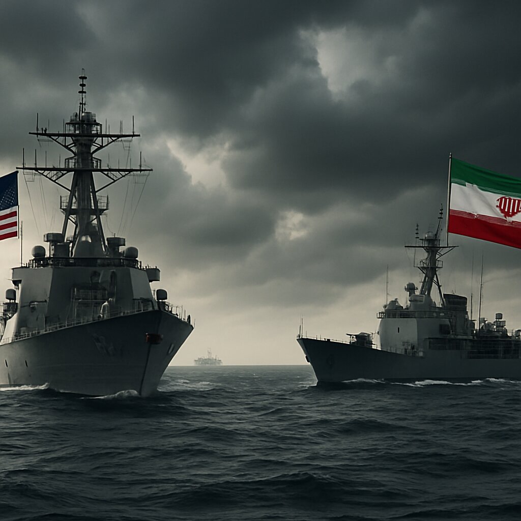 Ilustrasi ketegangan militer AS-Iran di Selat Hormuz dengan kapal perang