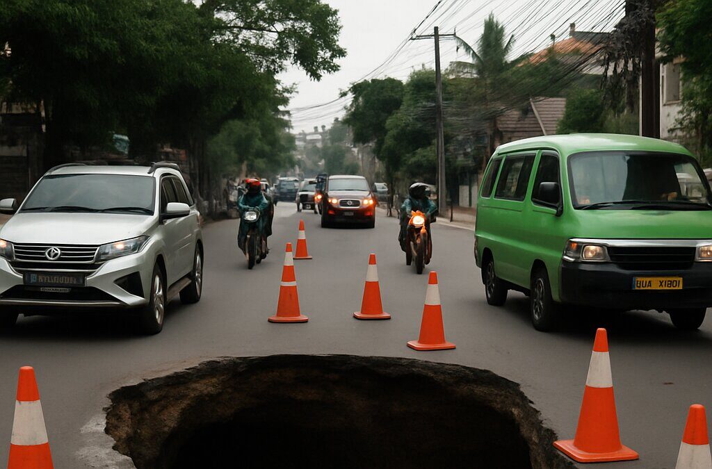 Jalan amblas di Lenteng Agung Jakarta Selatan menyebabkan kemacetan jalur Depok