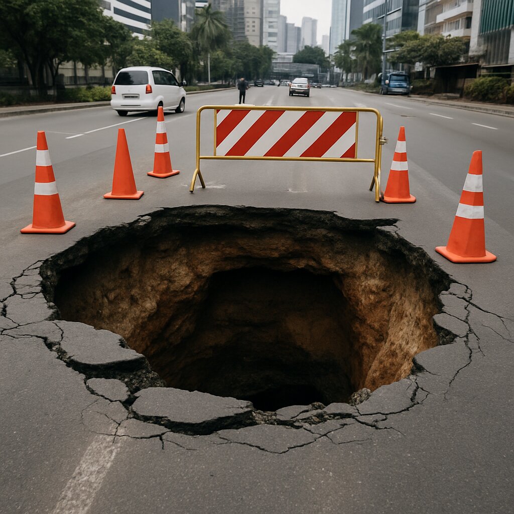 Lubang amblas sedalam 3 meter di Jalan Lenteng Agung Jakarta Selatan