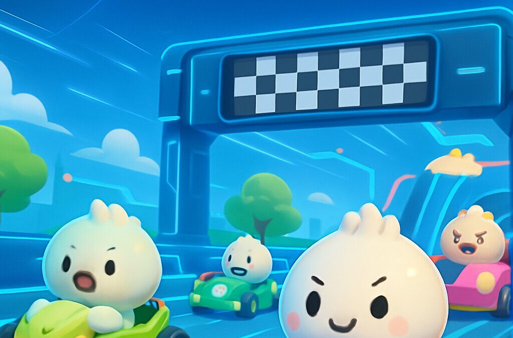 Ilustrasi balapan karakter Squishy Dumpling dalam game Roblox gaya konten gaming anak Indonesia
