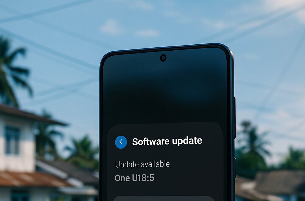 Smartphone Samsung Galaxy S25 menampilkan notifikasi pembaruan One UI 8.5 pada layar