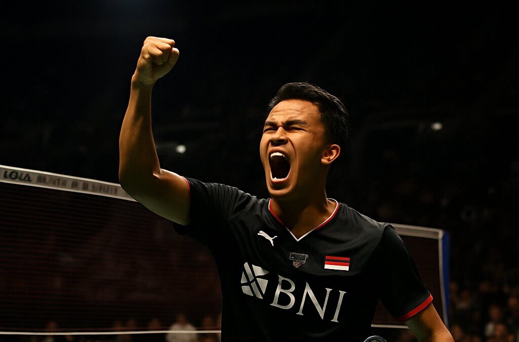 Alwi Farhan merayakan kemenangan atas Shi Yu Qi di Singapura Terbuka 2026