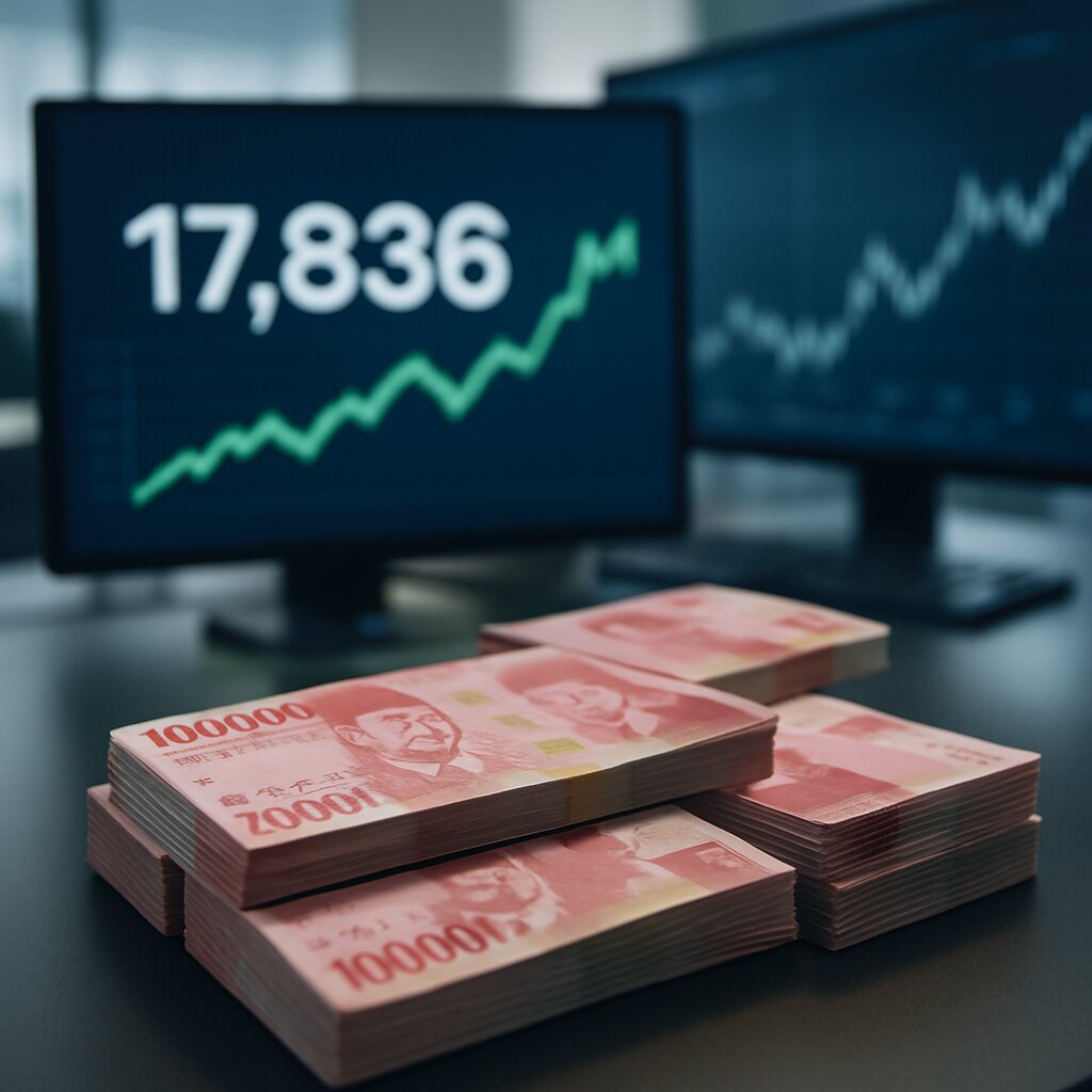Uang rupiah dengan layar nilai tukar menunjukkan penguatan terhadap dolar AS