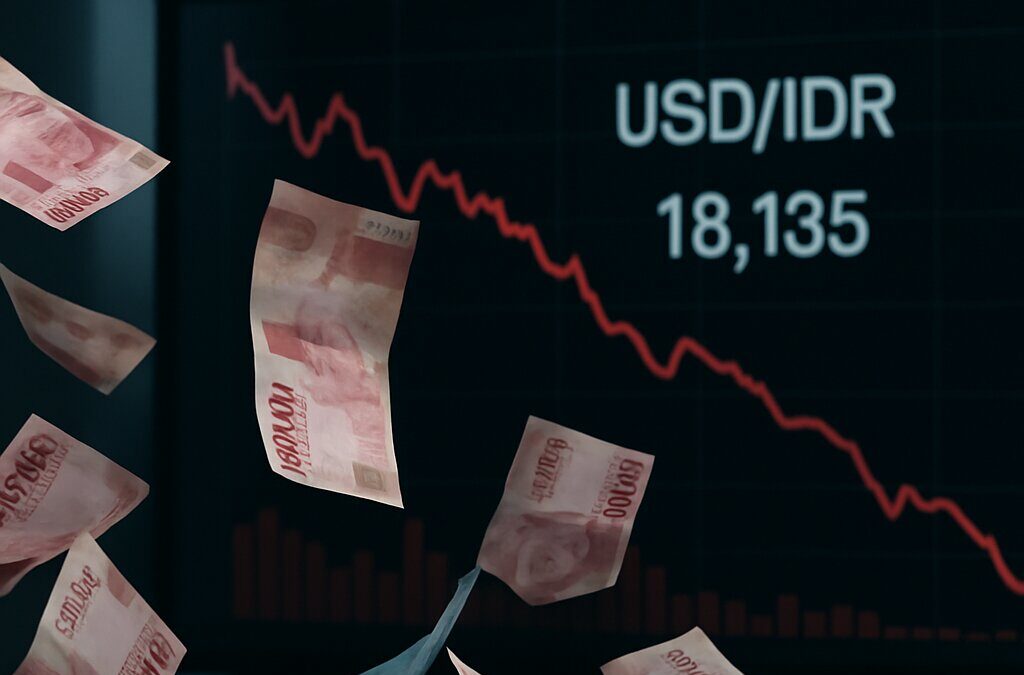 Ilustrasi pelemahan nilai tukar rupiah terhadap dolar AS mencapai Rp18.135 dengan grafik penurunan pasar