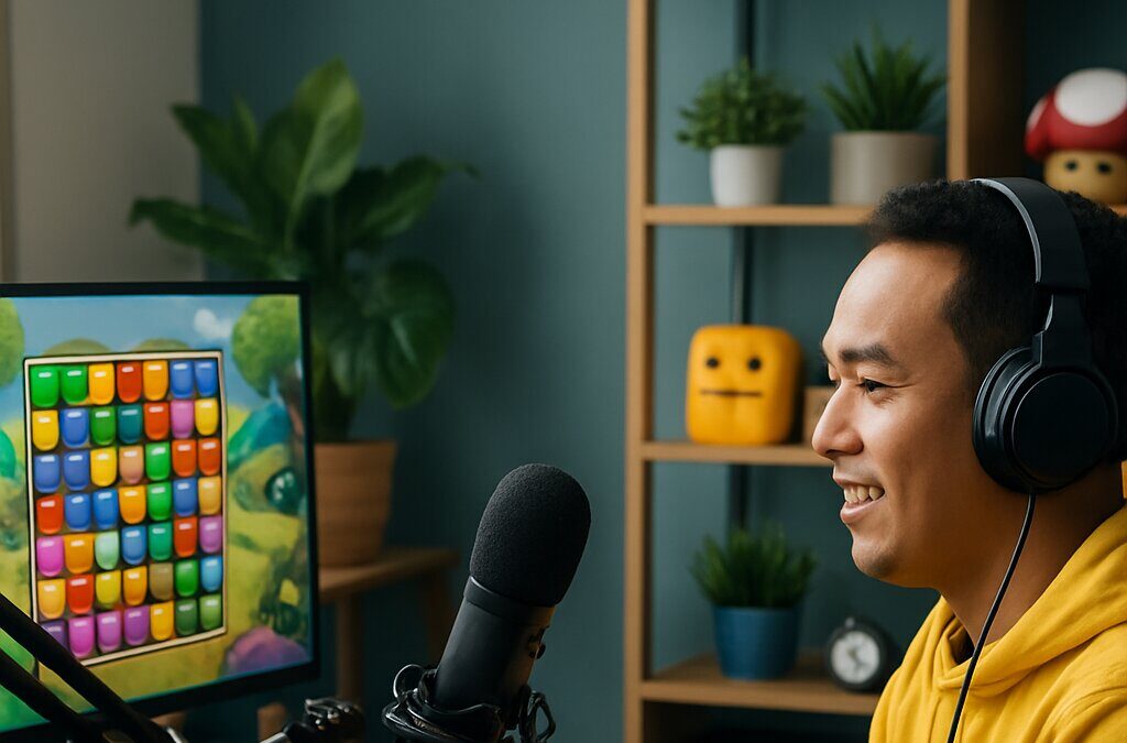 Ilustrasi studio konten creator gaming Indonesia dengan setup streaming casual game