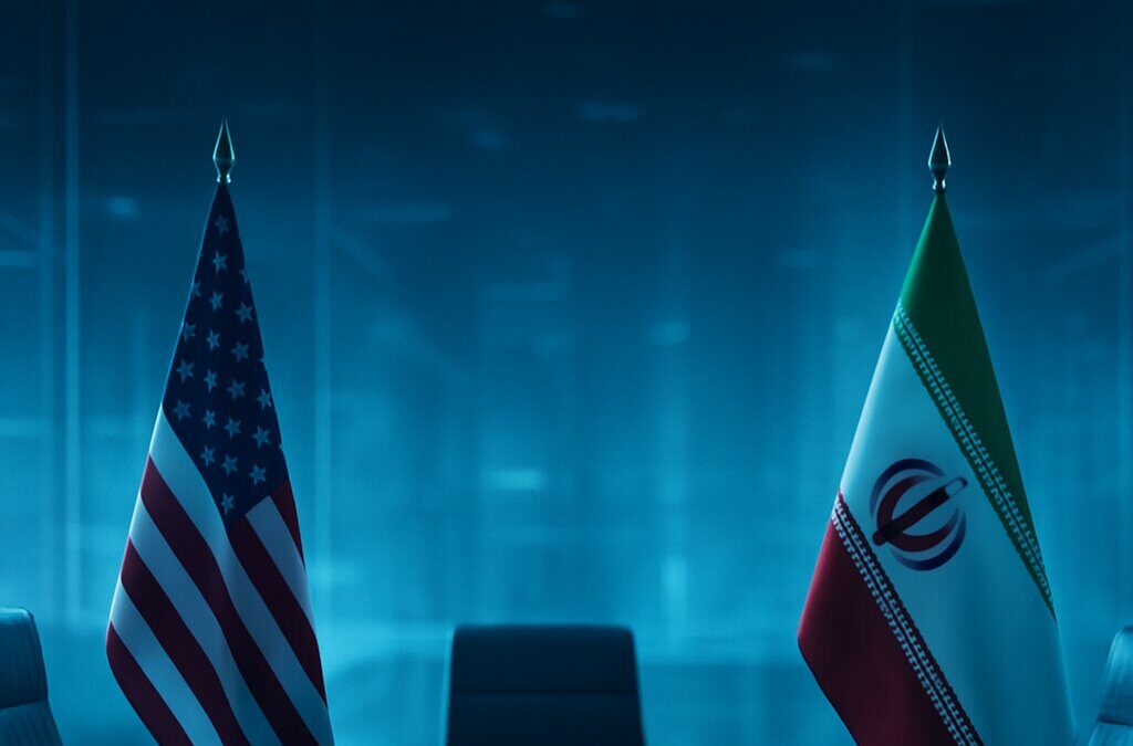 Bendera AS dan Iran di ruang negosiasi diplomatik menunjukkan ketegangan bilateral