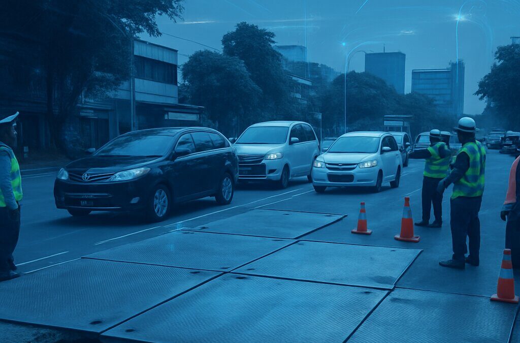 Jalan amblas Lenteng Agung ditutup pelat besi sementara kendaraan melintas