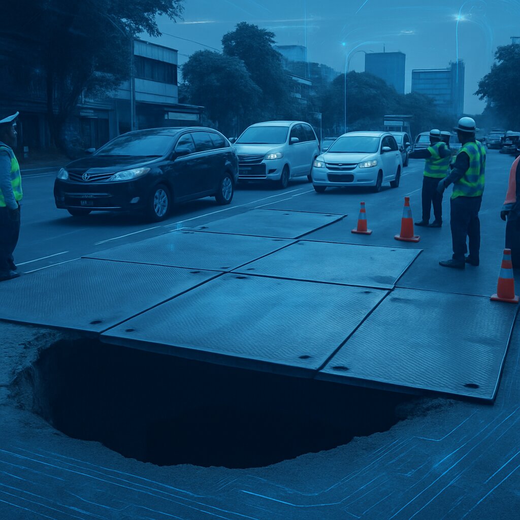 Jalan amblas Lenteng Agung ditutup pelat besi sementara kendaraan melintas