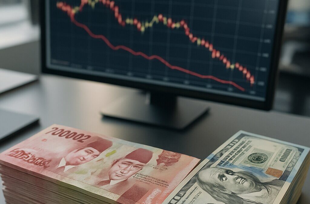 Ilustrasi mata uang rupiah dan dolar AS dengan grafik nilai tukar di layar monitor