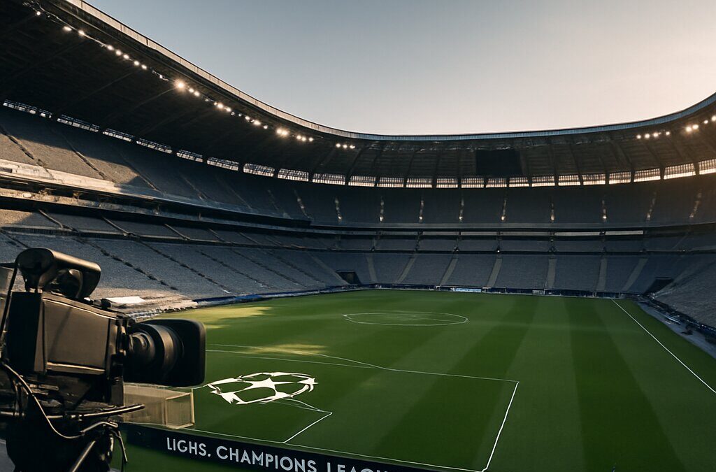 Persiapan stadion final Liga Champions di pagi hari dengan kamera siaran