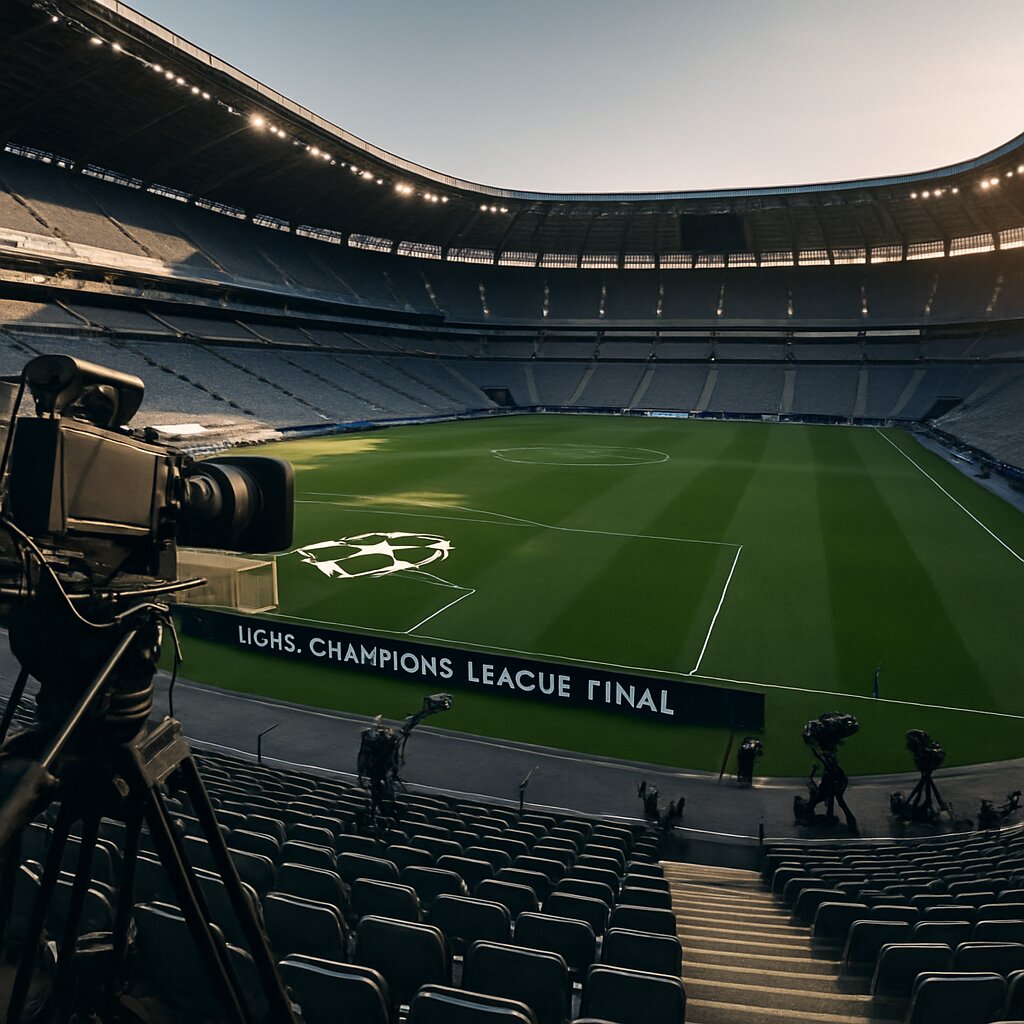 Persiapan stadion final Liga Champions di pagi hari dengan kamera siaran